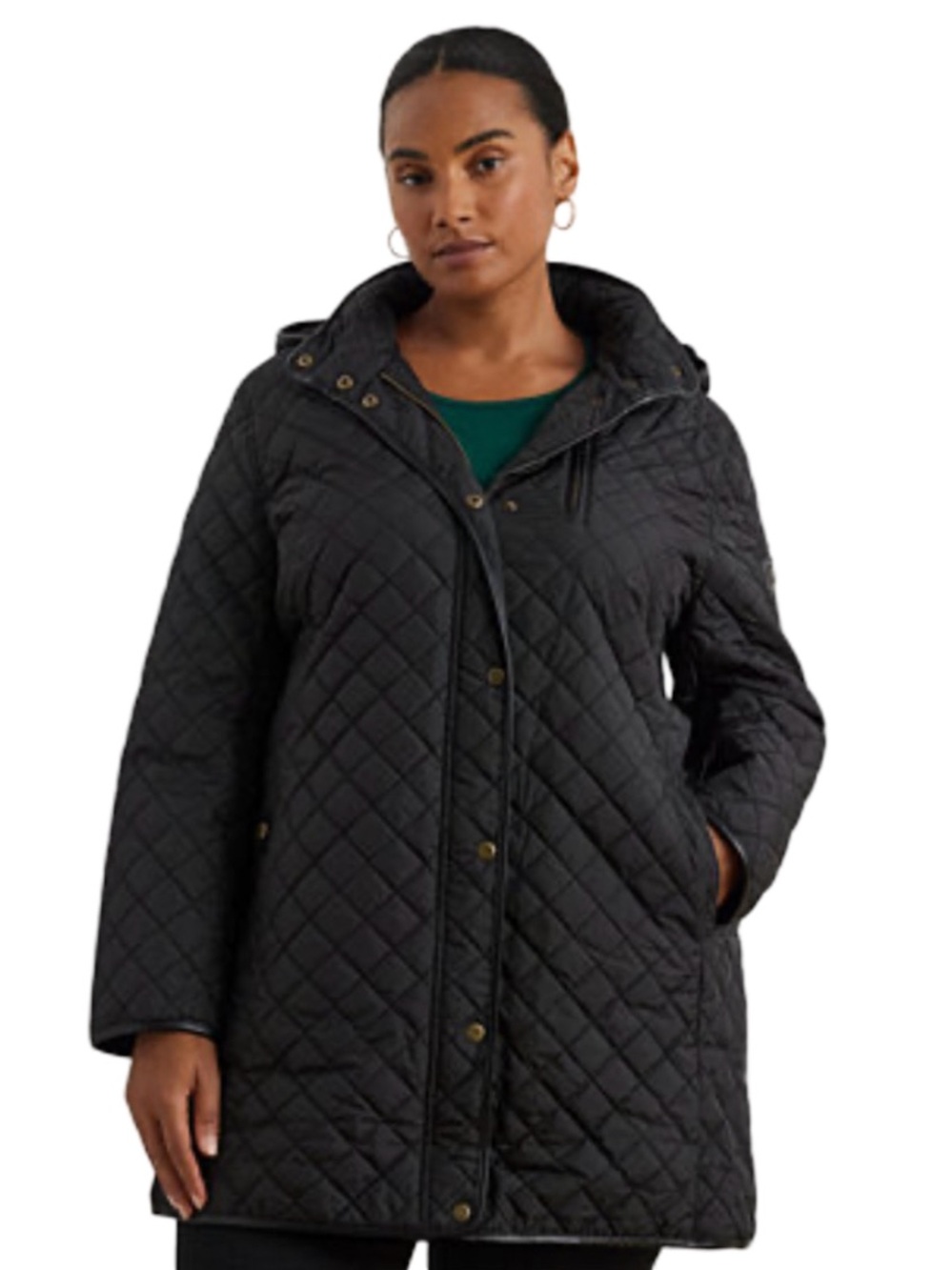 RL Lauren Ralph Lauren Black Coat Quilted Jacket Hooded SZ XL Equestrian Gold